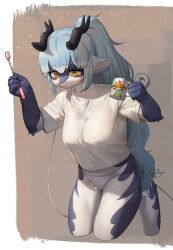  1girl absurdres animal_ears blue_hair border bottomless bright_pupils closed_mouth colored_tips cropped_legs cup dragon_ears dragon_girl dragon_horns dragon_tail fewer_digits furry furry_female gu_deulmok highres holding holding_toothbrush horns light_blue_hair long_hair looking_down mug multicolored_fur multicolored_hair original outside_border ponytail shirt solo standing t-shirt tail toothbrush white_border white_hair white_pupils white_shirt yellow_eyes 