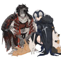  1boy 1girl armor bandage_over_one_eye bandaged_head bandages barefoot black_armor black_bandages black_hair black_thighhighs calico cape cat chiemon_(fate) fate/samurai_remnant fate_(series) fur-trimmed_cape fur_trim headpiece highres japanese_armor jeanne_d&#039;arc_alter_(lancer)_(fate) multiple_scars plackart ruda_(ruda_0616_tfj) scar shoulder_armor sode squatting sweat tabby_cat thighhighs torn_cape torn_clothes white_background white_cat white_hair yellow_eyes 