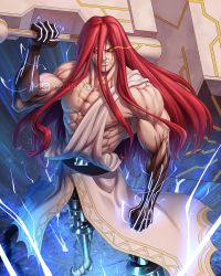  1boy abs black_sclera colored_sclera gloves highres long_hair looking_at_viewer looking_up male_focus mjolnir muscular muscular_arms muscular_male pectorals red_hair robe serious shuumatsu_no_valkyrie solo tattoo thor_(shuumatsu_no_valkyrie) yellow_eyes 