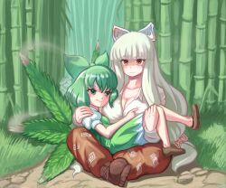  2girls alternate_color bamboo bamboo_forest blunt_bangs bow breasts brown_pants carrying cirno closed_mouth collared_shirt commentary crossed_legs english_commentary expressionless forest fujiwara_no_mokou full_body green_bow green_eyes green_hair grin hair_bow hapa_cirno highres hime_cut inaba_tewi inaba_tewi_(bunny) indian_style large_breasts marijuana medium_bangs multiple_girls nature ofuda ofuda_on_clothes pants princess_carry profitshame puffy_short_sleeves puffy_sleeves rabbit red_eyes shaded_face shirt short_hair short_sleeves sidelocks sitting smile smoke touhou white_bow white_shirt 