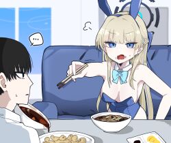  ... 1boy 1girl animal_ears bare_shoulders black_eyes black_hair blonde_hair blue_archive blue_bow blue_eyes blue_halo blue_leotard bow braid breasts chopsticks collared_shirt commentary_request couch curry detached_collar fake_animal_ears food food_on_face food_request french_braid hair_bow halo highres holding holding_chopsticks indoors jamongssui korean_commentary leotard long_hair looking_at_another medium_breasts multicolored_hair official_alternate_costume on_couch open_mouth rabbit_ears sensei_(blue_archive) shirt short_hair sidelocks sitting spoken_ellipsis strapless strapless_leotard streaked_hair sweat toki_(blue_archive) toki_(bunny)_(blue_archive) upper_body v-shaped_eyebrows very_long_hair white_shirt  rating:Sensitive score:4 user:danbooru