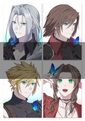  1girl 3boys aerith_gainsborough aqua_eyes armor black_coat black_gloves black_shirt blonde_hair blue_butterfly blue_eyes border brown_hair bug butterfly butterfly_on_hand choker closed_mouth cloud_strife coat crisis_core_final_fantasy_vii dangle_earrings dress earrings final_fantasy final_fantasy_vii final_fantasy_vii_rebirth final_fantasy_vii_remake flower_choker genesis_rhapsodos gloves gongju_s2 green_eyes grey_hair hair_between_eyes hair_ribbon highres insect jacket jewelry long_bangs long_hair multiple_boys open_mouth parted_bangs parted_lips pink_dress pink_ribbon portrait red_coat red_jacket ribbon sephiroth shirt short_hair shoulder_armor single_bare_shoulder single_shoulder_pad sleeveless sleeveless_turtleneck slit_pupils smile spiked_hair suspenders turtleneck white_background white_border 