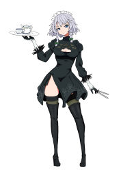  1girl 2b_(nier:automata) 2b_(nier:automata)_(cosplay) black_dress black_thighhighs braid cleavage_cutout clothing_cutout commentary_request cosplay cup dress full_body grey_hair highres holding holding_knife holding_plate izayoi_sakuya knife long_sleeves maid maid_headdress nier:automata nier_(series) plate pochipechi056 short_hair side_braids simple_background solo teacup teapot thighhighs touhou twin_braids white_background  rating:Sensitive score:20 user:danbooru