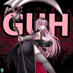  1girl 2021 armguard ass between_buttocks black_cloak black_dress black_nails breasts buttons cleavage cloak cup detached_sleeves dress drinking_glass fingernails gold_trim holding holding_scythe holding_weapon hololive hololive_english huge_ass huge_breasts large_breasts long_hair mori_calliope nail_polish pale_skin pink_hair red_eyes revision scythe see-through see-through_sleeves simple_background single_detached_sleeve smile solo spikes that-girl-whodraws thick_thighs thighhighs thighs thorns tiara veil virtual_youtuber weapon wine_glass yukihana_draws 
