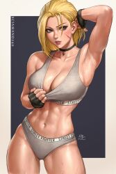  1girl abs ahoge arm_up armpits artist_name blonde_hair blue_eyes breasts cammy_white capcom choker collarbone facial_scar fingerless_gloves gloves highres large_breasts lips looking_to_the_side midriff panties scar scar_on_cheek scar_on_face sciamano240 signature solo sports_bra street_fighter street_fighter_6 sweat tank_top thighs underwear wet  rating:Sensitive score:172 user:danbooru