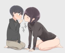 1boy 1girl age_difference all_fours barefoot black_eyes black_hair black_sweater blush breasts child closed_eyes closed_mouth finger_in_another&#039;s_mouth finger_sucking full_body grey_background hetero legs long_sleeves looking_at_another medium_breasts nora_higuma onee-shota original panties purple_hair short_hair shota simple_background sitting skindentation sweater thighs turtleneck turtleneck_sweater underwear wariza white_panties rating:Sensitive score:254 user:danbooru