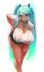 1girl aqua_eyes aqua_hair breasts cleavage eu03 hand_on_own_hip hanging_breasts hatsune_miku highres huge_breasts leaning_forward long_hair looking_at_viewer nail_polish necktie aged_up parted_lips see-through skirt solo sweat thick_thighs thighs very_long_hair vocaloid white_background rating:Sensitive score:83 user:danbooru