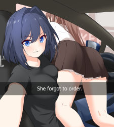 2girls ahoge alternate_costume black_shirt blue_eyes blue_hair breasts brown_hair brown_skirt car car_interior car_seat casual collared_shirt commentary drive-thru english_commentary english_text felutiahime from_behind grin hair_intakes he_wants_to_order_(meme) highres hololive hololive_english large_breasts long_hair looking_at_viewer meme motor_vehicle multicolored_hair multiple_girls nanashi_mumei ouro_kronii pleated_skirt ponytail shirt short_hair sidelocks skirt smile snapchat streaked_hair t-shirt very_long_hair virtual_youtuber white_shirt yuri rating:Sensitive score:50 user:danbooru