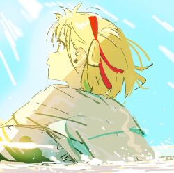  1girl bad_id bad_twitter_id bikini blonde_hair blue_sky from_side hair_ribbon highres kerorira looking_ahead lycoris_recoil nishikigi_chisato outdoors partially_submerged profile red_ribbon ribbon shirt short_hair short_sleeves sky solo swimsuit upper_body water wet wet_clothes white_shirt 