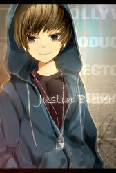  1boy animification brown_eyes brown_hair character_name dog_tags heca hood hoodie justin_bieber letterboxed lowres male_focus original real_life smile solo 