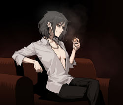  1girl black_pants breasts cigarette closed_mouth coin collared_shirt couch dark earrings frown gogalking gregory_(gogalking) grey_shirt highres holding holding_coin hoop_earrings jewelry crossed_legs long_sleeves looking_at_viewer medium_breasts medium_hair money mouth_hold necklace no_bra on_couch open_clothes open_shirt orange_eyes original pants plunging_neckline shirt sideways_glance sitting solo v-neck wing_collar  rating:Sensitive score:22 user:danbooru