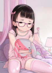  1girl bed bed_frame bed_sheet black_hair bow bow_panties child closed_mouth curtains earrings female_focus glasses hair_bow hairband hideousbeing holding jewelry lamp looking_at_viewer necklace original panties pillow pink_panties pink_thighhighs polka_dot polka_dot_shirt shirt sitting smile solo stuffed_animal stuffed_toy thighhighs underwear  rating:Sensitive score:201 user:Domestic_Importer