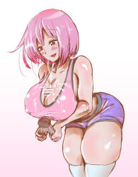  1boy 1girl atotama ball_busting bare_arms bdsm blush breasts cbt cleavage cum denim denim_shorts ejaculation erection femdom hetero highres large_breasts legs midriff paizuri penis pink_hair short_hair shorts smile squeezing_testicles testicles thighhighs thighs  rating:Explicit score:33 user:Formarin