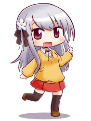  1girl :d black_thighhighs blush brown_footwear chibi collared_shirt commentary_request dress_shirt flower full_body grey_hair hair_between_eyes hair_flower hair_ornament hidamari_sketch loafers long_hair long_sleeves looking_at_viewer matsuri_(hidamari_sketch) naga_u open_mouth pleated_skirt puffy_long_sleeves puffy_sleeves red_eyes red_skirt school_uniform shadow shirt shoes simple_background skirt sleeves_past_wrists smile solo standing standing_on_one_leg sweater thighhighs very_long_hair white_background white_flower white_shirt yellow_sweater 
