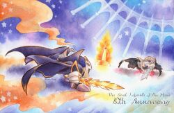  anniversary cape dark_meta_knight galaxia_(sword) hitimiko31647 holding holding_sword holding_weapon kirby_(series) kirby_and_the_amazing_mirror mask meta_knight nintendo no_humans painting_(medium) scar star_(symbol) sword torn_cape torn_clothes traditional_media watercolor_(medium) weapon  rating:General score:1 user:danbooru