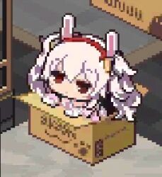  animal_ears artist_name azur_lane box fake_animal_ears hair_ornament hairband in_box in_container indoors laffey_(azur_lane) pixel_art rabbit_ears red_eyes red_hair_bow red_hairband solo tagme twintails white_hair  rating:General score:8 user:Xeonzin