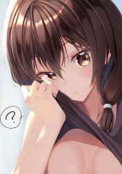 1girl ? asymmetrical_hair black_tank_top blue_background blush breasts brown_eyes brown_hair closed_mouth clothes_lift commentary expressionless fumei_(mugendai) hair_between_eyes lifting_own_clothes looking_at_viewer medium_breasts medium_hair no_bra out-of-frame_censoring ponytail portrait shirt_lift solo spoken_question_mark sweat sweatdrop tank_top touhou usami_renko rating:Sensitive score:15 user:danbooru