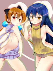  2girls agent_aika aika_(series) alisa_southerncross alternate_costume amaguri_aniko animal_ears areola_slip ass back backless_dress backless_outfit bare_back bare_legs bare_shoulders blue_hair blush body_blush breasts breasts_out brown_eyes butt_crack crossover delmo drawstring dress eyebrows fake_animal_ears female_focus from_behind golden_delmo hair_bobbles hair_ornament hairband keroro_gunsou legs long_hair looking_at_viewer looking_back low_twintails medium_breasts meme_attire multiple_girls naked_sweater nipples no_bra no_panties orange_hair pink_eyes pout ribbed_sweater rie_petoriyacowa short_dress sideboob simple_background smile standing sweater sweater_dress thighs turtleneck turtleneck_sweater twintails very_long_hair virgin_killer_sweater 