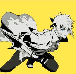  1boy bandages blue_eyes cape flak_jacket forehead_protector greyscale headband holster inru jacket looking_at_viewer male_focus monochrome namikaze_minato naruto naruto_(series) smile solo spot_color thigh_holster weapon yellow_background  rating:Sensitive score:7 user:dlrpll