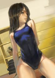 1girl aro_(charged_time_out) breasts brown_hair child dutch_angle indoors long_hair one-piece_swimsuit skinny small_breasts solo swimsuit rating:Sensitive score:96 user:sema96