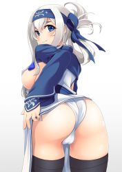 1girl ainu_clothes bad_id bad_pixiv_id black_thighhighs blue_eyes breasts cameltoe cropped_jacket folded_ponytail from_behind headband kamoi_(kancolle) kantai_collection long_sleeves mofu_namako panties pelvic_curtain sideboob sidelocks simple_background solo thick_eyebrows thighhighs underwear white_background white_hair white_panties wrist_guards rating:Questionable score:19 user:danbooru