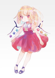  1girl ascot bat_wings black_footwear blonde_hair crystal flandre_scarlet full_body hat hat_ribbon hiyuu_(hiyualice) multicolored_wings one_side_up puffy_short_sleeves puffy_sleeves red_eyes red_vest ribbon short_sleeves side_ponytail skirt skirt_set solo star_(symbol) touhou vest white_background wings yellow_ascot 