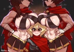  3girls abs aestheticc-meme asymmetrical_docking bandaged_arm bandages blank_eyes blonde_hair borrowed_character braid breast_press breast_rest breasts breasts_on_head cape centurii-chan face_in_abs highres large_breasts multiple_girls muscular muscular_female original plume red_cape short_hair side_braid skirt smile yuri  rating:Sensitive score:93 user:danbooru