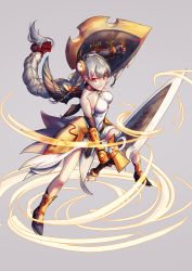  1girl armor armored_dress bare_shoulders black_gloves bow braid chelonia collarbone dress elbow_gloves full_body gloves hair_bow hair_ornament halterneck high_heels holding light_valkyrie_(p&amp;d) long_hair puzzle_&amp;_dragons red_eyes shield silver_background silver_hair simple_background single_braid solo sword twin_braids valkyrie valkyrie_(p&amp;d) vambraces very_long_hair weapon white_dress wings 