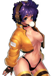  1girl absurdres battle_circuit biker_gal breasts capcom character_request chewing_gum choker collarbone cowboy_shot curly_hair fengmo fingerless_gloves gloves hand_on_own_hip headphones highres jacket looking_at_viewer medium_breasts purple_hair revealing_clothes short_hair simple_background solo standing white_background yellow_jacket 