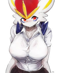 1girl artist_name black_skirt blue_eyeshadow blush body_fur bra bra_visible_through_clothes breasts breath buttons cinderace closed_mouth clothed_pokemon collarbone creatures_(company) dot_mouth eyeshadow female_focus furry furry_female game_freak gen_8_pokemon highres large_breasts looking_at_viewer makeup my700 nintendo nose_blush pokemon pokemon_(creature) rabbit_ears rabbit_girl red_eyes red_hair school_uniform see-through shirt shirt_tucked_in short_hair short_sleeves signature simple_background skirt solo sweat underwear upper_body white_background white_bra white_fur white_shirt rating:Questionable score:84 user:AngryZapdos