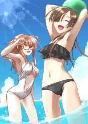  2girls absurdres armpits bikini black_bikini breasts brown_hair closed_eyes glasses highres joanna_elizabeth_stafford kanai large_breasts long_hair luminous_witches multiple_girls navel open_mouth orange_hair outdoors sky slingshot_swimsuit small_breasts smile swimsuit sylvie_cariello white_slingshot_swimsuit world_witches_series yellow_eyes 