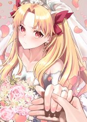  1girl absurdres blonde_hair blush bouquet bow bridal_veil bride dress earrings ereshkigal_(fate) fate/grand_order fate_(series) flower hair_bow hair_ribbon highres holding holding_bouquet hoop_earrings infinity_symbol jewelry long_hair looking_at_viewer parted_bangs red_eyes red_ribbon ribbon ring rose strapless strapless_dress tiara two_side_up user_cdug5424 veil wedding wedding_dress wedding_ring white_dress white_flower white_rose  rating:General score:17 user:danbooru