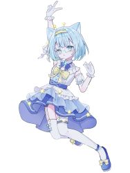  1girl :o animal_ears aqua_brooch arm_up blue_bow blue_footwear blue_hair blue_skirt blunt_bangs bow breasts cat_ears cat_girl detached_sleeves dress fang full_body glasses gloves hair_ornament headband highres idol_clothes iro_iro_iroo jelly_hoshiumi looking_at_viewer medium_hair phase_connect puffy_detached_sleeves puffy_sleeves skin_fang skirt small_breasts thighhighs v virtual_youtuber white_background white_dress white_gloves white_thighhighs yellow_bow yellow_headband 
