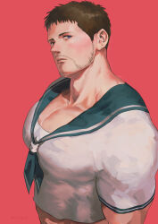  1boy bara black_hair blue_sailor_collar chris_redfield closed_mouth facial_hair highres kuconoms large_pectorals looking_at_viewer male_focus muscular muscular_male official_alternate_costume pectorals resident_evil resident_evil:_revelations sailor_collar sailor_shirt shirt short_hair simple_background solo white_shirt 