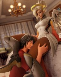  1boy 1girl 3d armor bed bedroom blizzard_(company) blonde_hair blue_eyes breasts brown_leggings brown_pantyhose commission commissioner_upload grabbing grabbing_thighs halo heels highres kiss kissing_thigh leggings legs medium_breasts mercy_(overwatch) overwatch pantyhose ponytail skirt smile thigh_grab thighs wings  rating:Sensitive score:4 user:TM07san