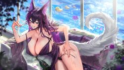  1girl absurdres alcohol animal_ears bottle branch breasts commentary commission cup dress english_commentary flower fox_ears fox_girl highres holding holding_cup kitsune large_breasts long_hair looking_at_viewer lying merumeko mizugaiya multicolored_hair open_mouth original panties purple_dress rubber_duck second-party_source side-tie_panties solo tail underwear untied_panties very_long_hair virtual_youtuber water white_tail 