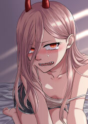 1girl blonde_hair blush breasts chainsaw_man cross-shaped_pupils demon_girl demon_horns highres horns long_hair looking_at_viewer loungewear mokku no_bra open_mouth power_(chainsaw_man) red_horns ringed_eyes sharp_teeth small_breasts solo symbol-shaped_pupils tears teeth yellow_eyes rating:Sensitive score:22 user:danbooru