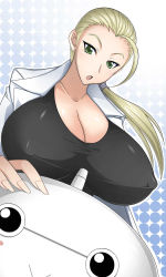  1girl ahoge blonde_hair blush blush_stickers breasts cleavage covered_erect_nipples dutch_angle green_eyes hand_on_another&#039;s_head hasunuma_riko huge_breasts lab_coat long_hair looking_at_viewer open_mouth otogi_tetsurou ponytail robot simple_background smile terao terao_(character) 