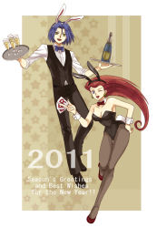  10s 1boy 1girl 2011 animal_costume animal_ears bad_id bad_pixiv_id blouse bottle bow bowtie breasts butler card cleavage creatures_(company) cup detached_collar drinking_glass fake_animal_ears formal game_freak hair_slicked_back hand_on_own_hip hip_focus holding holding_card james_(pokemon) jessie_(pokemon) legs leotard long_hair nintendo no_bangs one_eye_closed pantyhose playboy_bunny pokemon pokemon_(anime) rabbit_ears rabbit_tail red_hair shirt short_hair standing standing_on_one_leg tablet tail tray usao_(313131) white_shirt wine_glass wink wrist_cuffs  rating:Sensitive score:53 user:danbooru