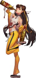  1girl absurdres bare_shoulders black_survival bodysuit bottle brown_eyes brown_hair bruce_lee&#039;s_jumpsuit crocs double_bun drinking from_side full_body hair_bun hair_ribbon highres jacket jumpsuit li_dailin long_hair looking_at_viewer midriff official_art one_touch open_clothes open_jacket orange_jumpsuit ribbon sake_bottle slippers snake solo spilling standing standing_on_one_leg tape tiptoes transparent_background turtleneck very_long_hair yellow_bodysuit  rating:Questionable score:33 user:danbooru