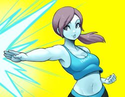  1girl armpits black_legwear breasts cleavage clenched_hand clothes_writing green_eyes grey_hair lips navel nintendo parted_lips ponytail ravenousruss simple_background solo super_smash_bros. tank_top upper_body wii_fit wii_fit_trainer wii_fit_trainer_(female) yellow_background  rating:Sensitive score:33 user:danbooru