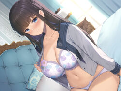  1girl bed bed_sheet black_hair blue_eyes blunt_bangs blush bra breasts closed_mouth collarbone curtains dutch_angle floral_print highres huge_breasts indoors kuroe_(sugarberry) lace lace-trimmed_bra lace-trimmed_panties lace_trim lamp long_hair long_sleeves looking_at_viewer navel necktie non-web_source on_bed open_clothes open_shirt original panties pillow school_uniform sidelocks sitting smile solo underwear window  rating:Sensitive score:11 user:danbooru
