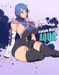 1girl 5ifty aqua_(kingdom_hearts) aqua_theme blue_eyes blue_hair breasts bursting_breasts curvy english_text highres hip_focus huge_breasts jay-marvel kingdom_hearts large_breasts shirt short_hair sideboob sitting solo tagme thick_thighs thighs tight_clothes tight_shirt wide_hips  rating:Questionable score:44 user:fafafafadadaf