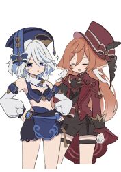  2girls absurdres bare_shoulders black_shorts blue_eyes blue_hair blue_hat blush closed_eyes commentary_request cosplay costume_switch cowboy_shot crop_top detached_sleeves furina_(genshin_impact) furina_(genshin_impact)_(cosplay) genshin_impact hat highres jacket long_sleeves midriff multicolored_hair multiple_girls parted_lips pink_hair pom_pom_(clothes) red_hat red_jacket short_hair short_shorts shorts simple_background standing streaked_hair top_hat white_background white_hair yanfei_(genshin_impact) yanfei_(genshin_impact)_(cosplay) yanfeikawaii 