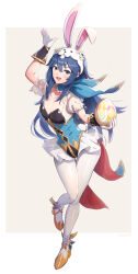1girl absurdres animal_hat arm_up blue_eyes blue_hair blue_leotard easter_egg egg fake_tail family_crest fire_emblem fire_emblem_awakening fire_emblem_heroes flat_chest frilled_leotard frills gloves gonzarez hat highres holding holding_egg leotard long_hair looking_at_viewer lucina_(fire_emblem) lucina_(spring)_(fire_emblem) nintendo official_alternate_costume pantyhose playboy_bunny rabbit_hat rabbit_tail see-through smile solo tail thigh_gap waist_cape watermark white_gloves white_pantyhose