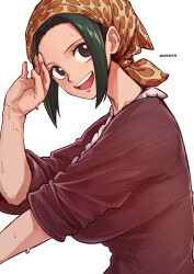  1girl :d aosora2823 bandana blush breasts commentary dress green_hair highres large_breasts makino_(one_piece) one_piece open_mouth red_dress short_hair simple_background smile solo sweat teeth upper_teeth_only white_background 
