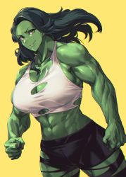 1girl abs breasts cleavage_cutout clothing_cutout colored_skin green_hair green_skin highres large_breasts long_hair looking_at_viewer marvel mikel_(4hands) muscular muscular_female she-hulk smile solo tank_top thick_thighs thighs torn_clothes torn_legwear veins veiny_arms yellow_background yellow_eyes  rating:Questionable score:37 user:danbooru