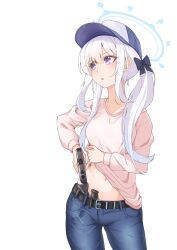  1girl baseball_cap belt black_belt black_bow blue_archive blush bow breasts clothes_lift clov3r collarbone concealed_weapon contrapposto cowboy_shot denim drawing_gun groin gun halo handgun hat highres holding holster jeans long_hair looking_to_the_side magazine_(weapon) miyako_(blue_archive) navel original pants pink_shirt purple_eyes shirt shirt_lift sig_sauer sig_sauer_p365 simple_background small_breasts solo standing twintails weapon white_background wrinkled_fabric 