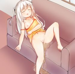 1girl bare_shoulders blush bottomless cleft_of_venus closed_eyes clothes_lift collarbone couch female_focus flat_chest highres knee_up loli long_hair navel nipple_slip nipples no_panties off_shoulder on_couch open_mouth original peeing ponytail puddle pussy renoana shirt shirt_lift silver_hair sleeping solo uncensored window rating:Explicit score:164 user:Domestic_Importer