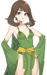 1girl :o armpits bare_shoulders blue_eyes breasts brown_hair cosplay cowboy_shot creatures_(company) detached_sleeves dress final_fantasy final_fantasy_iv game_freak green_dress hands_on_own_hips highres long_sleeves looking_at_viewer may_(pokemon) medium_breasts milka_(milk4ppl) nintendo open_mouth pelvic_curtain pokemon pokemon_rse revealing_clothes rydia_(ff4) rydia_(ff4)_(cosplay) short_hair simple_background solo standing thighs white_background wide_sleeves rating:Sensitive score:72 user:danbooru